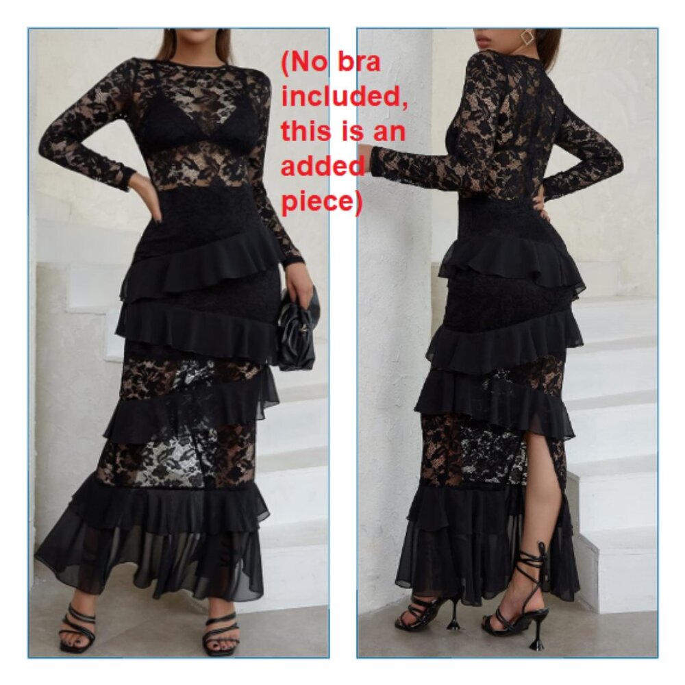 Romantic Goth Lace Maxi Dress Black Tiered Ruffles Victorian Eilly Bazar Sz 1X